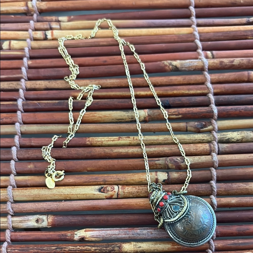 Gold and Red Snuff Box Necklace with Rustic Design